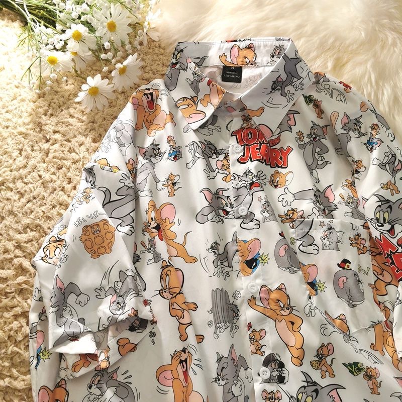 A lion cub Áo Sơ Mi Ngắn Tay Dáng Rộng In Hình tom & jerry Trẻ Trung Thời Trang Mùa Hè Cho Nam Và Nữ