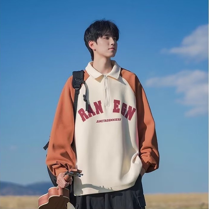 Áo Thun polo Tay Dài Dáng Rộng Có Khóa Kéo Màu Sắc Tương Phản Phong Cách Hàn Quốc Thời Trang Cho Nam