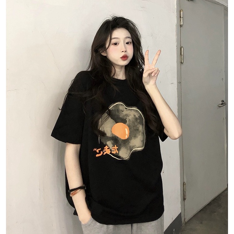 Áo thun nữ form rộng Guguno cotton cổ tròn in basic (A)