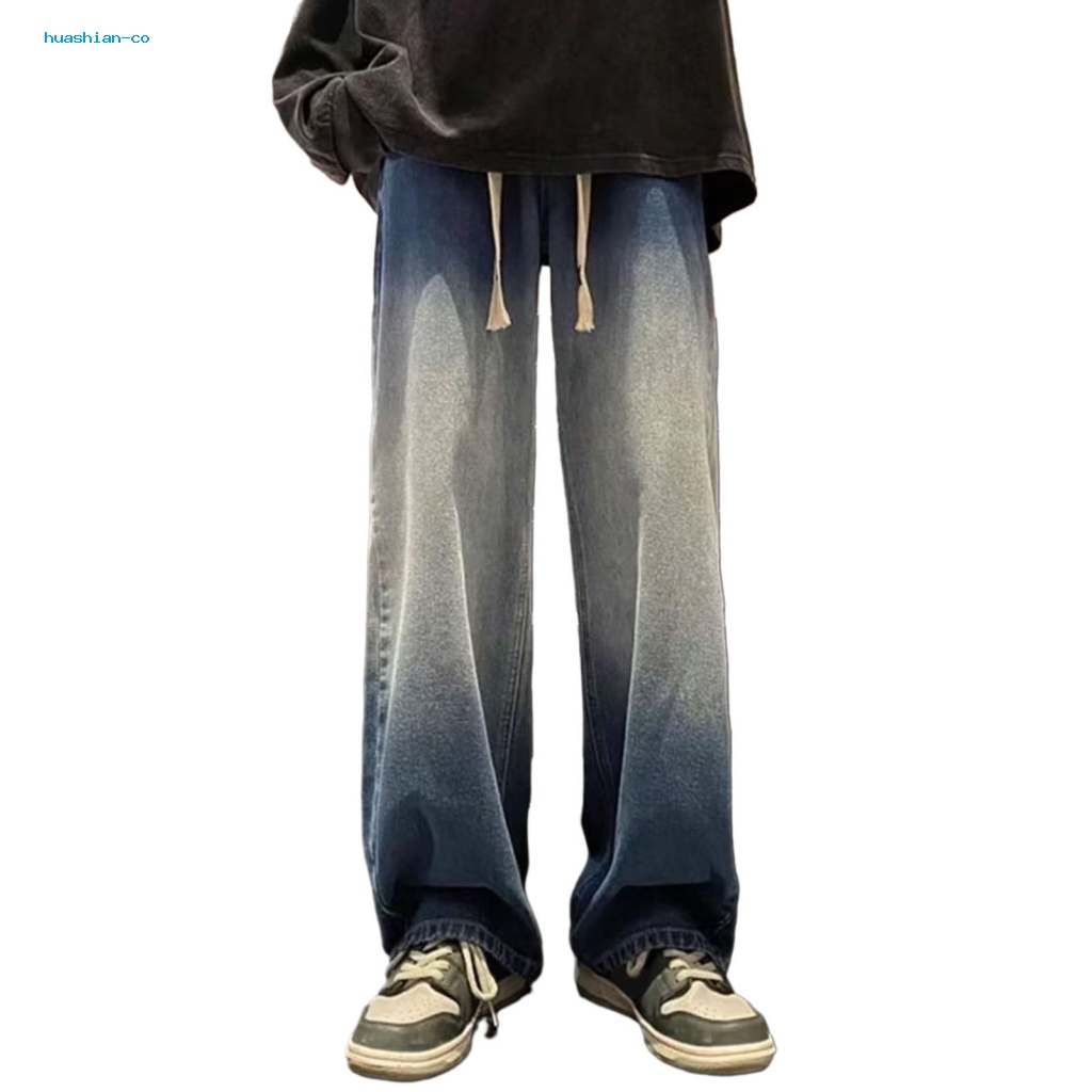 Huashian Quần Jean Dây Rút Lưng Thun Ống Rộng Màu gradient Phong Cách hip hop Đường Phố Cho Nam