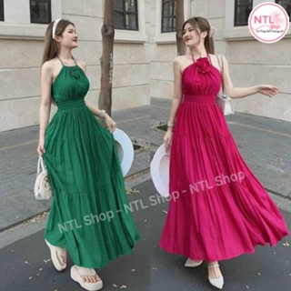 Đầm váy maxi đính bông cổ yếm bo chun eo, Đầm váy nữ dây maxi cổ yếm họa tiết đính bông sang chảnh cá tính màu đẹp L46