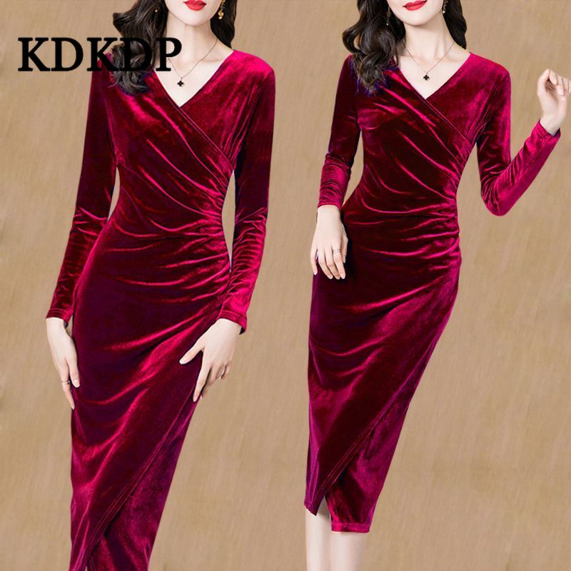 Kdkdp Đầm Nhung Dài Tay Cổ Chữ v Dáng Ôm Xẻ Tà Thời Trang Thanh Lịch
