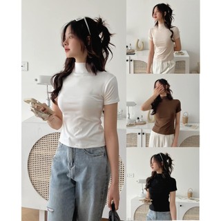 BARE_Áo Thun Nữ Cổ Lọ Tay Ngắn Vạt Bầu, Vạt Ngang Tay Ngắn Chất Thun Gân Nhuyễn Co Giãn 4 Chiều- A221, A240