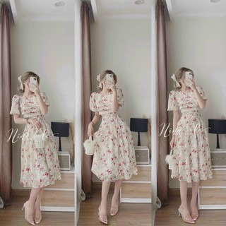 Váy maxi voan họa tiết hoa phong cách thiểu thư chát voan chingfon 2 lớp vải mềm cực mát