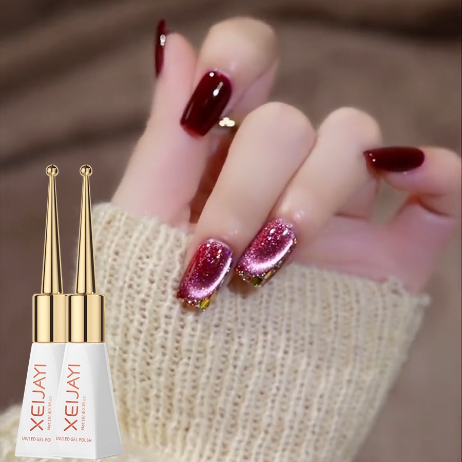 Fzc Bộ 2 Lọ Keo Dán Móng Tay Màu Đỏ Rượu Vang Trơn Hình Mắt Mèo Phổ Biến