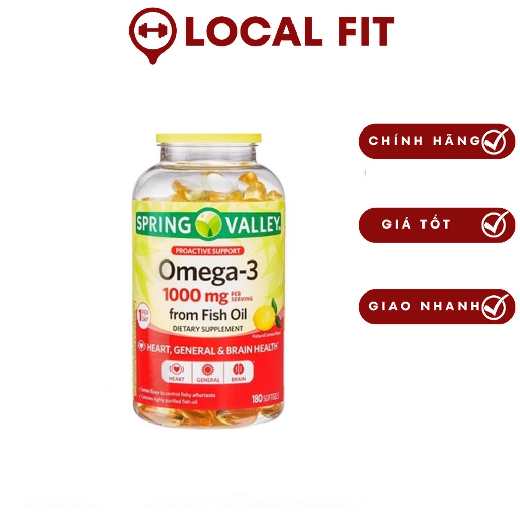 ( 180 Viên ) Dầu cá Omega 3 Spring Valley Fish Oil 1000mg phân phối chính hãng , hỗ trợ đẹp da,tốt cho trí não