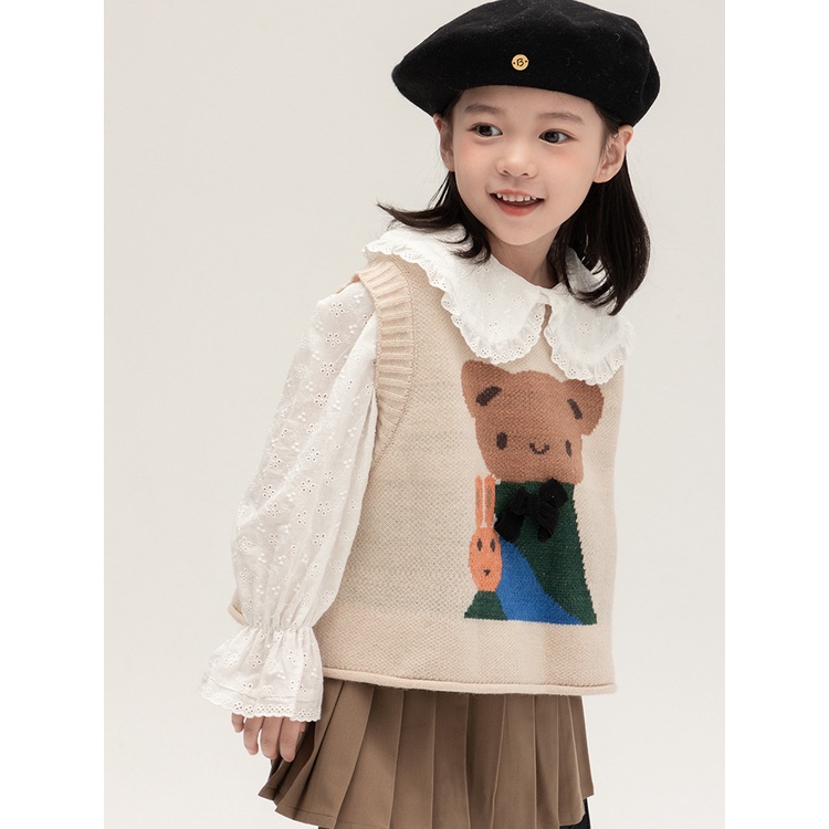 Áo sweater Dệt Kim Không Tay Cổ Tròn Đính Nơ Gấu Ba Chiều Dễ Thương Dành Cho Bé Gái