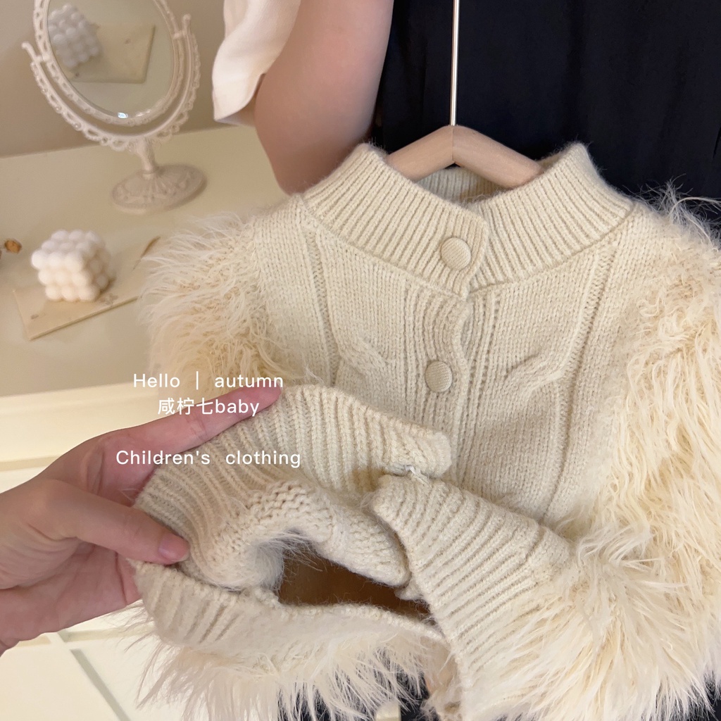 ÁO CADIGAN LEN PHỐI LÔNG MIX CHÂN VÁY DẠ XẾP LY CHO BÉ- HÀNG QCCC