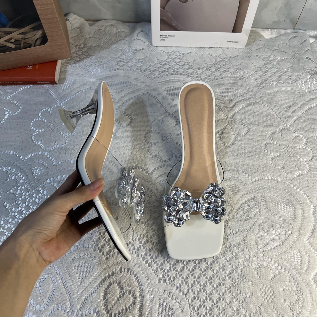 Dép quai trong gót ly bigsize nơ đính đá cao 7 cm size 40-44