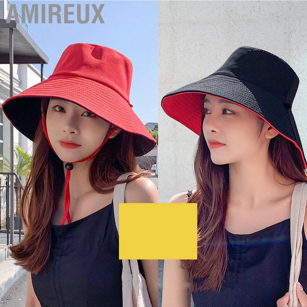 Amireux Summer Sun Hat Polyester Fishing Hiking with Wide Brim Windproof Rope for Outdoor Activities