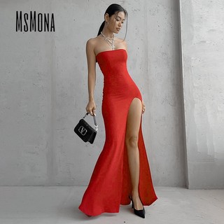MsMona Nữ Thời Trang Mới Màu Trơn lệch Vai Váy Đỏ Không Tay