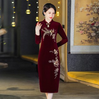 Hàng Mới Về Đầm Sườn Xám Nhung Dáng Dài Thêu Họa Tiết Phong Cách Trung Hoa Cổ Điển Thời Trang 2023