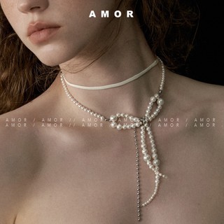 Vòng Cổ choker Thắt Nơ Đính Hạt Giả Ngọc Trai