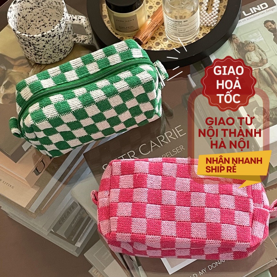 Túi đựng bút Túi đựng mỹ phẩm du lịch vải sợi dệt kim kẻ sọc caro xinh xắn tiện dụng phong cách Hàn Quốc TN15