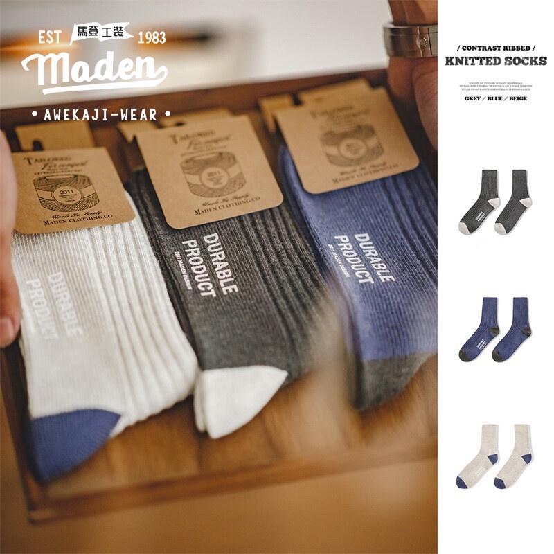 Maden brand Vớ Dệt Kim Dài Trung Bình Họa Tiết Hoa Tương Phản Ba Màu Sắc Sọc Dày Phong Cách Mỹ