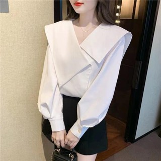 Áo Sơ Mi Rơm Tay Phồng Cổ Bẻ Lệch Tà Cỡ Lớn Thời Trang Mùa Xuân Cho Nữ 1.20