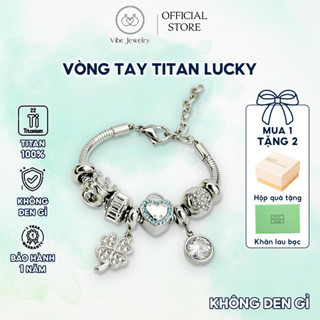 Vòng tay charm nữ LUCKY mix charm cỏ 4 lá may mắn tốt lành, lắc Pan titan không gỉ cao cấp freesize