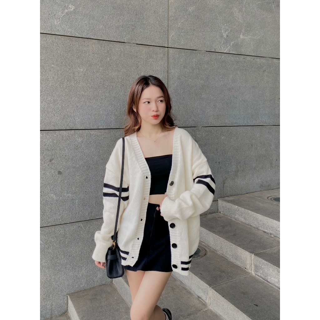 ÁO KHOÁC len cardigan nữ sọc viền tay - . - CDGlenvachtay9916_Be_P7K1