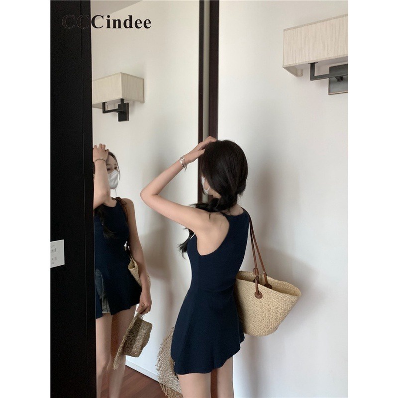 Áo Tank Top Hai Dây Dệt Kim Mỏng Cổ Tròn Xẻ Tà Màu Trơn Thời Trang Mới 2023 Dành Cho Bạn Nữ