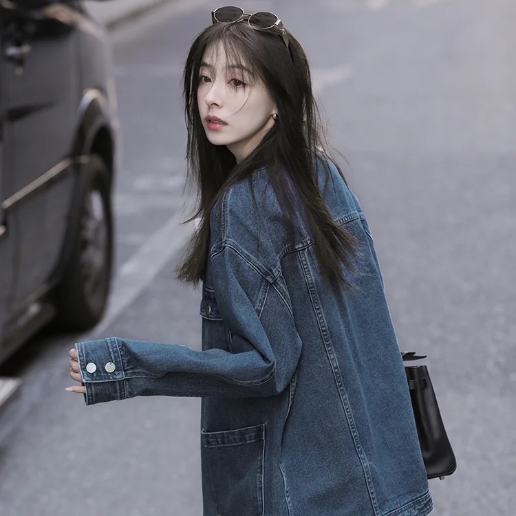 Áo Khoác denim Dài Tay Dáng Rộng Phong Cách retro Hàn Quốc