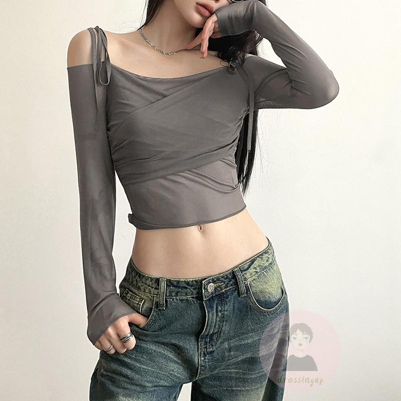 Áo Thun Tay Dài Trễ Vai Màu Sắc Đơn Giản Cho Nữ