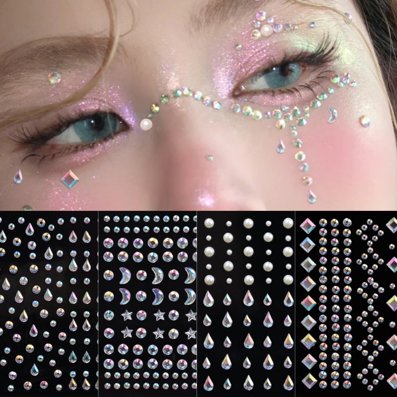 1 Tờ Nhãn Dán Trang Điểm Mắt / Mặt / Cơ Thể Hình Trăng Sao Đính Đá Giả Kim Cương Màu Trắng Chống Thấm Nước