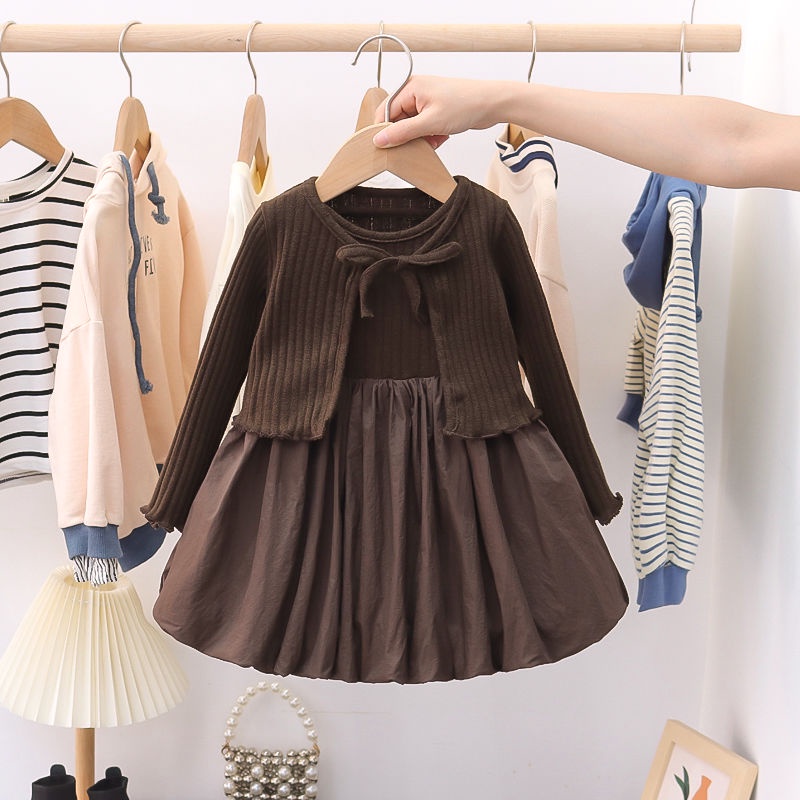 Áo cardigan Dệt Kim Tay Dài Kèm Chân Váy Xinh Xắn Cho Bé Gái 80-130