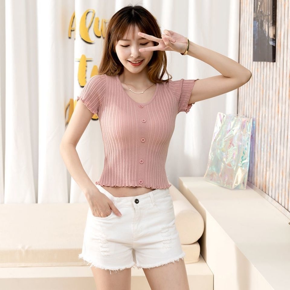 Áo Thun Ngắn Tay Cổ Chữ v Màu Trơn Phong Cách retro Thời Trang Mùa Hè Mới Dành Cho Nữ