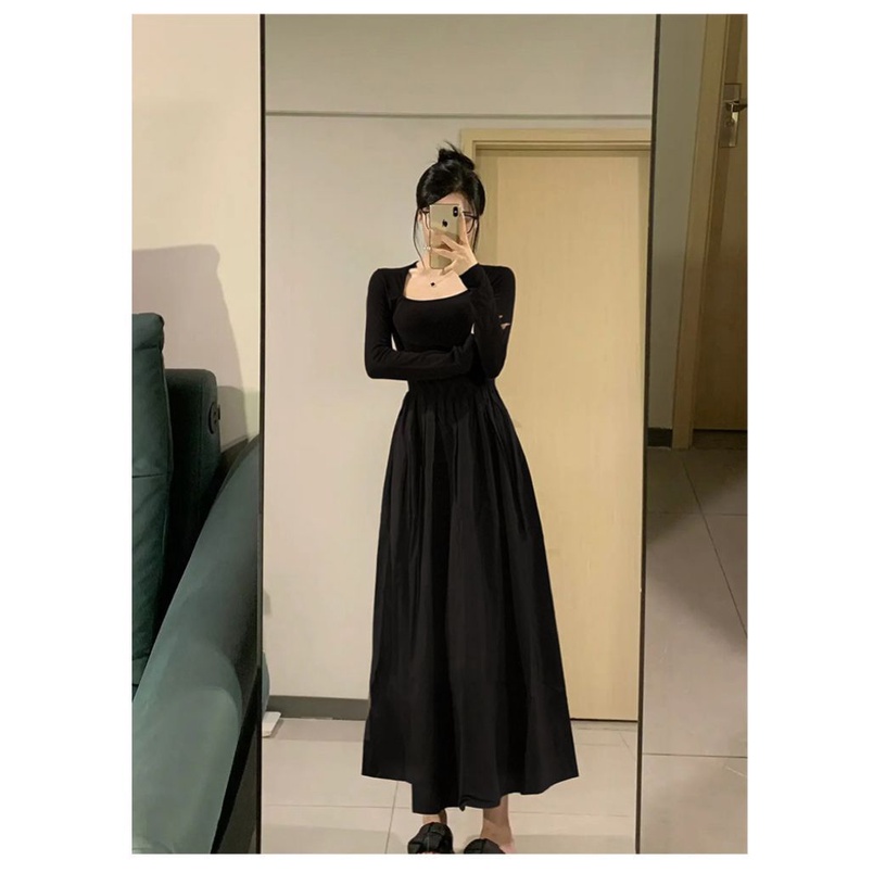 Đầm midi Đen Tay Dài Nhấn Eo Phong Cách Pháp Thời Trang Thu Đông 2023 Cho Nữ