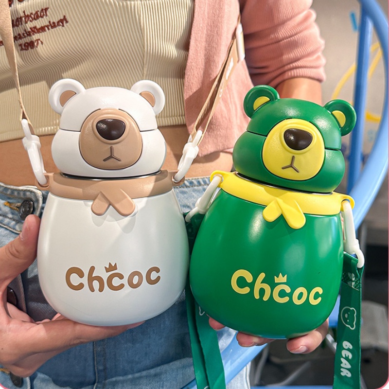 Bình Nước Giữ Nhiệt 450ml Bằng Thép Không Gỉ 316 Họa Tiết Gấu Hoạt Hình Dễ Thương