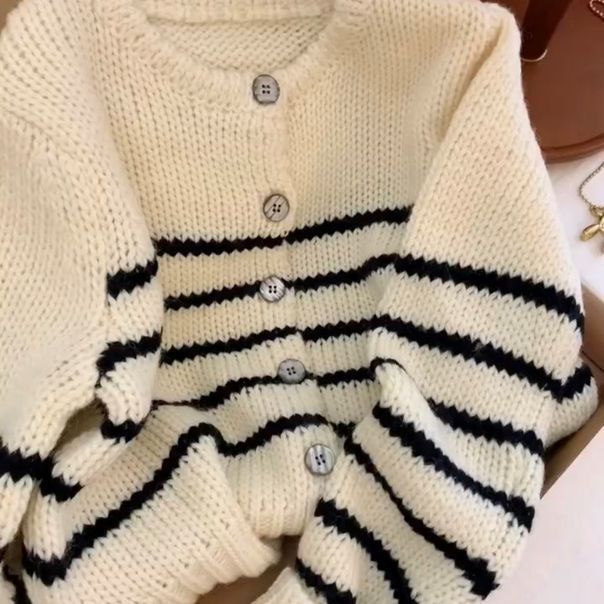 Áo Khoác cardigan Dệt Kim Mỏng Tay Dài Họa Tiết Kẻ Sọc Màu Tương Phản Thời Trang Cho Nữ