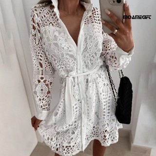 [Mooame] Đầm Sơ Mi Phối Ren Rỗng Ôm Dáng Có Thắt Lưng Mặc Hàng Ngày