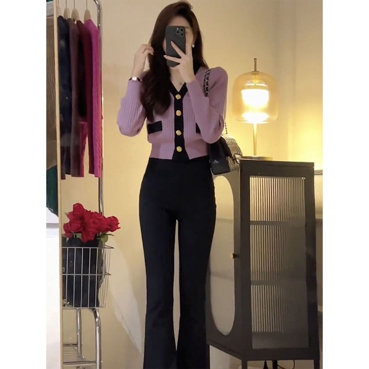 Áo Khoác cardigan Dệt Kim Dáng Ngắn Màu Tím Thời Trang Mùa Thu 2023 Mới