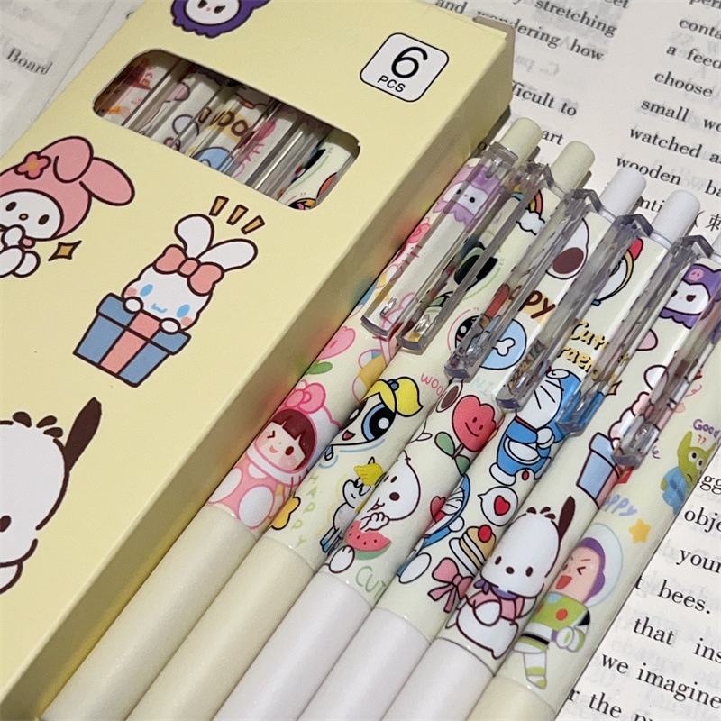 Set 6 Bút Nhấn Mực Đen Nhanh Khô Họa Tiết Hoạt Hình Dễ Thương Cho Học Sinh