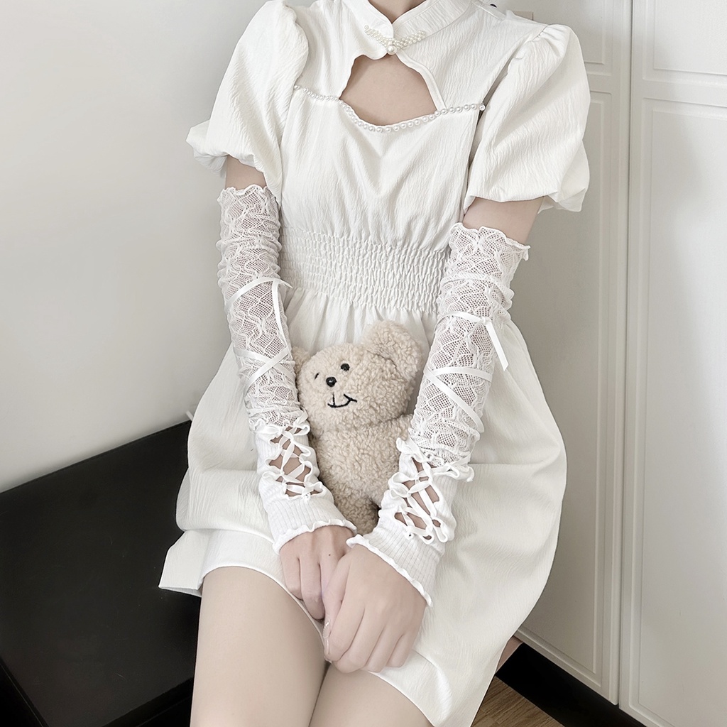 Găng Tay Lưới Hở Ngón Màu Đen Phong Cách lolita jk y2k