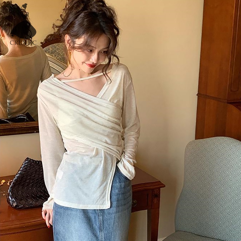 Áo Thun Tay Dài Cổ Chữ v Màu Trơn Thời Trang vintage Dành Cho Nữ vn