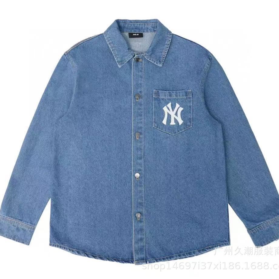 Áo Khoác denim Thêu logo mlb Mùa Thu Phong Cách Mới Cho Cặp Đôi