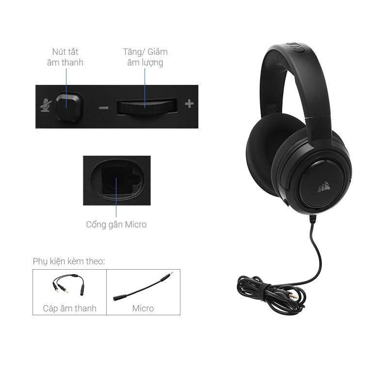 Tai nghe Chụp Tai Gaming Corsair HS35 Stereo Carbon hàng chính hãng BH 6 tháng