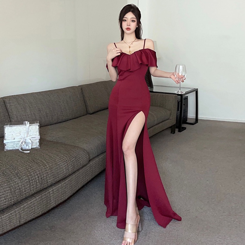 Đầm Trễ Vai Nhún Bèo Dáng Dài tta Thời Trang Cho Nữ