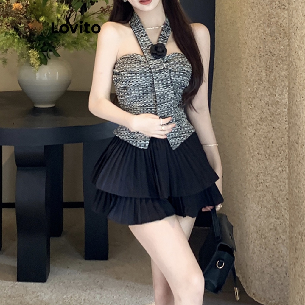 Set chân váy Lovito hai lớp trang trí màu trơn thường ngày cho nữ LNA20131 (Chân váy/ Áo)