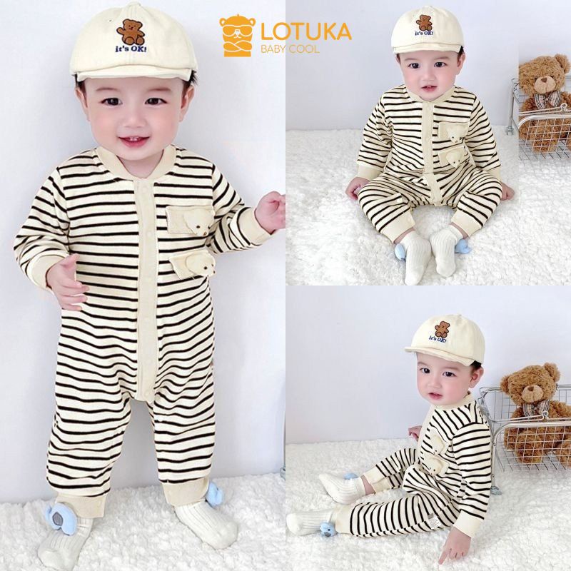 Body LOTUKA Cho Bé, Bodysuit Tăm Thu Kẻ Đính Gấu Cho Bé Trai Bé Gái, Bộ Liền Thân Dài Tay Size 3-12kg