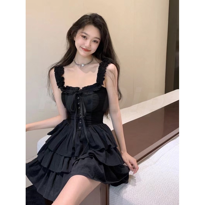 Váy BabyDoll Đầm dự tiệc Charm Đầm Hai Dây Một Tầng Hở Vai Màu Trơn Phong Cách Nhẹ Nhàng retro Mùa Hè