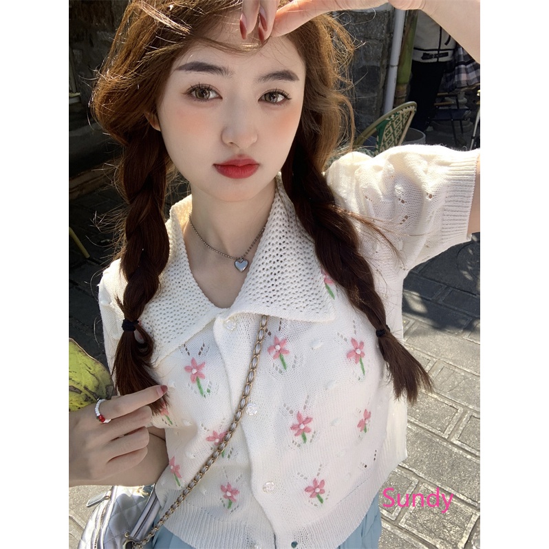 Plus Áo cardigan Dệt Kim Tay Ngắn In Hoa Xinh Xắn Thời Trang Mùa Hè Cho Nữ