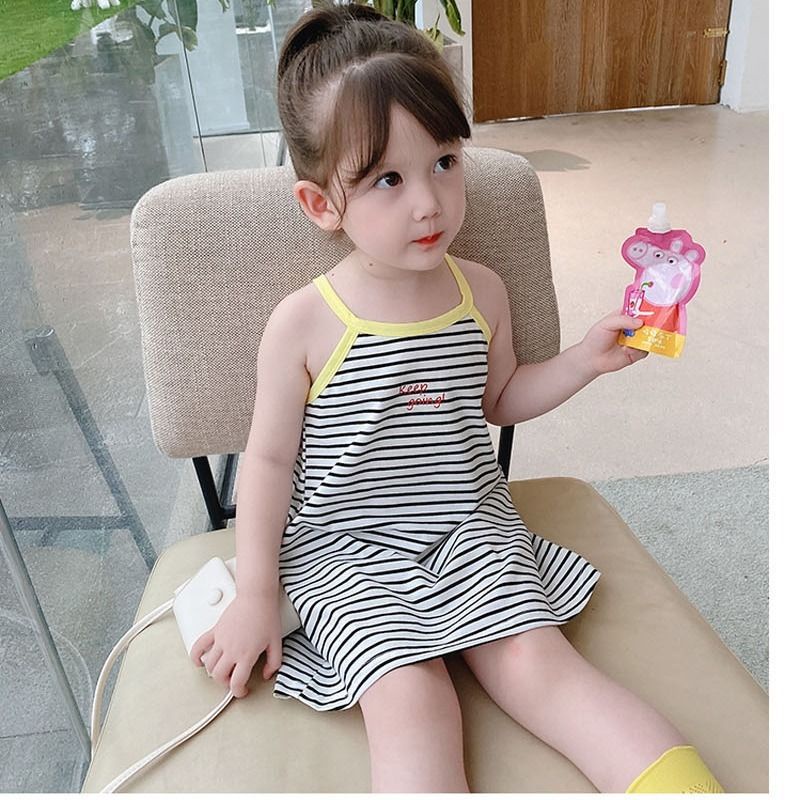 90-140cm Ice Silk Ribbed Mùa Hè Phong Cách Mỏng Bé Gái Bé Gái Trẻ Em Không Tay Sling Dễ Thương Giữa Chiều Dài Kẹo Đầm Sling Màu