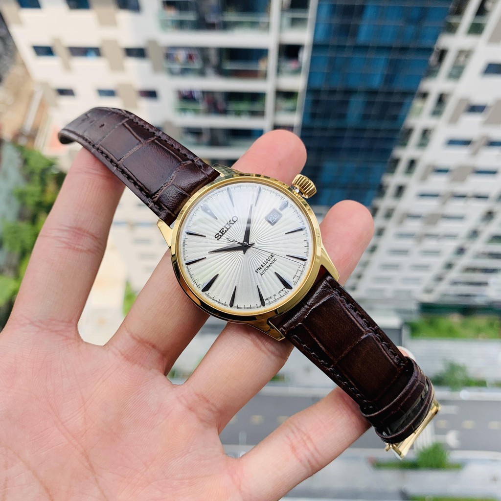 Đồng hồ Nam Seiko cơ tự động Presage Cocktail, kính cường lực Hardlex, dây da SRPB44J1 Chính Hãng
