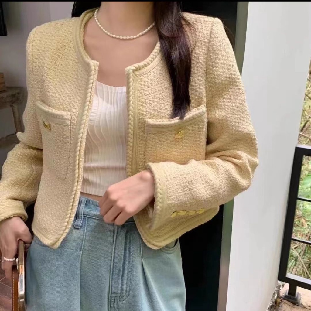 Áo Khoác Vải tweed Cổ Tròn Dáng Rộng Màu Hồng Phối Bèo Phong Cách Pháp Thời Trang Mùa Thu Cho Nữ