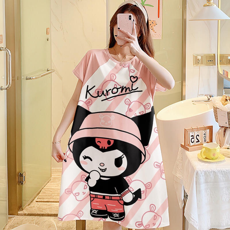 Kuromi Đầm Ngủ Ngắn Tay Dáng Rộng In Họa Tiết Hoạt Hình Dễ Thương Thời Trang Mùa Hè Cho Nữ