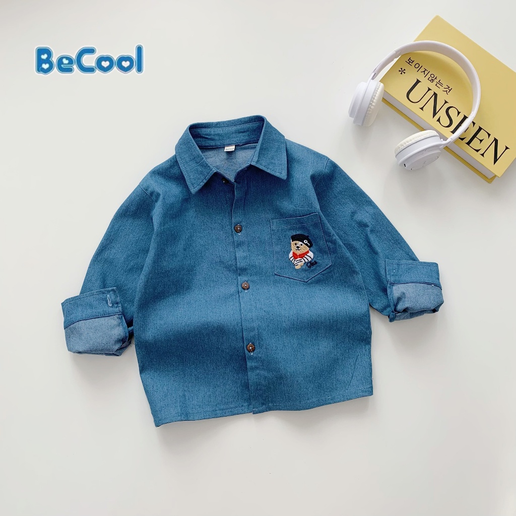 Áo Sơ Mi Cho Bé Trai Chất Bò Thêu Gấu, Áo Sơ Mi Dài Tay Cho Bé Từ 10 đến 26kg BAOBAOKIDS