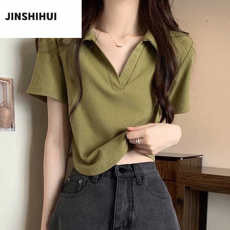 JINSHIHUI áo croptop áo thun nữ Thiết kế ít người cao eo slim hottie 2023 NEW JUN2005