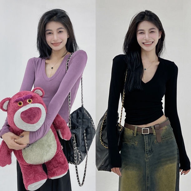 Áo Thun cotton Mỏng Tay Dài Cổ Chữ v Thời Trang Mùa Thu Phong Cách Mới Dành Cho Nữ